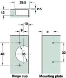 Grass Pie-cut 155° corner hinge, Ø 35 mm cup, screw fixing, click on arms