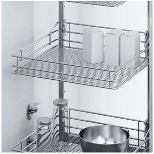VSA swing out larder unit complete set, centre mounting, height adjustable (1200-2140 mm), full extension, with SAPHIR mesh chrome wire storage wire baskets, for 600 mm cabinet width