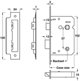 Mortice bathroom lock, 44/58 mm backset, 64/78 mm case size